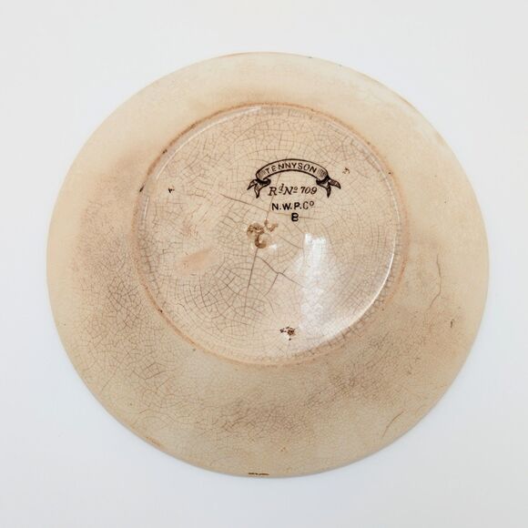 Antique New Wharf Pottery Tennyson Saucers Plates 2 Brown White Transferware 6" - Picture 7 of 12